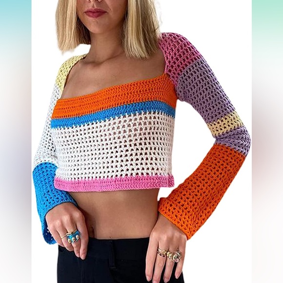 NEW Y2K Color Block Knit Cropped Top Argyle Sweater Large - Picture 2 of 5